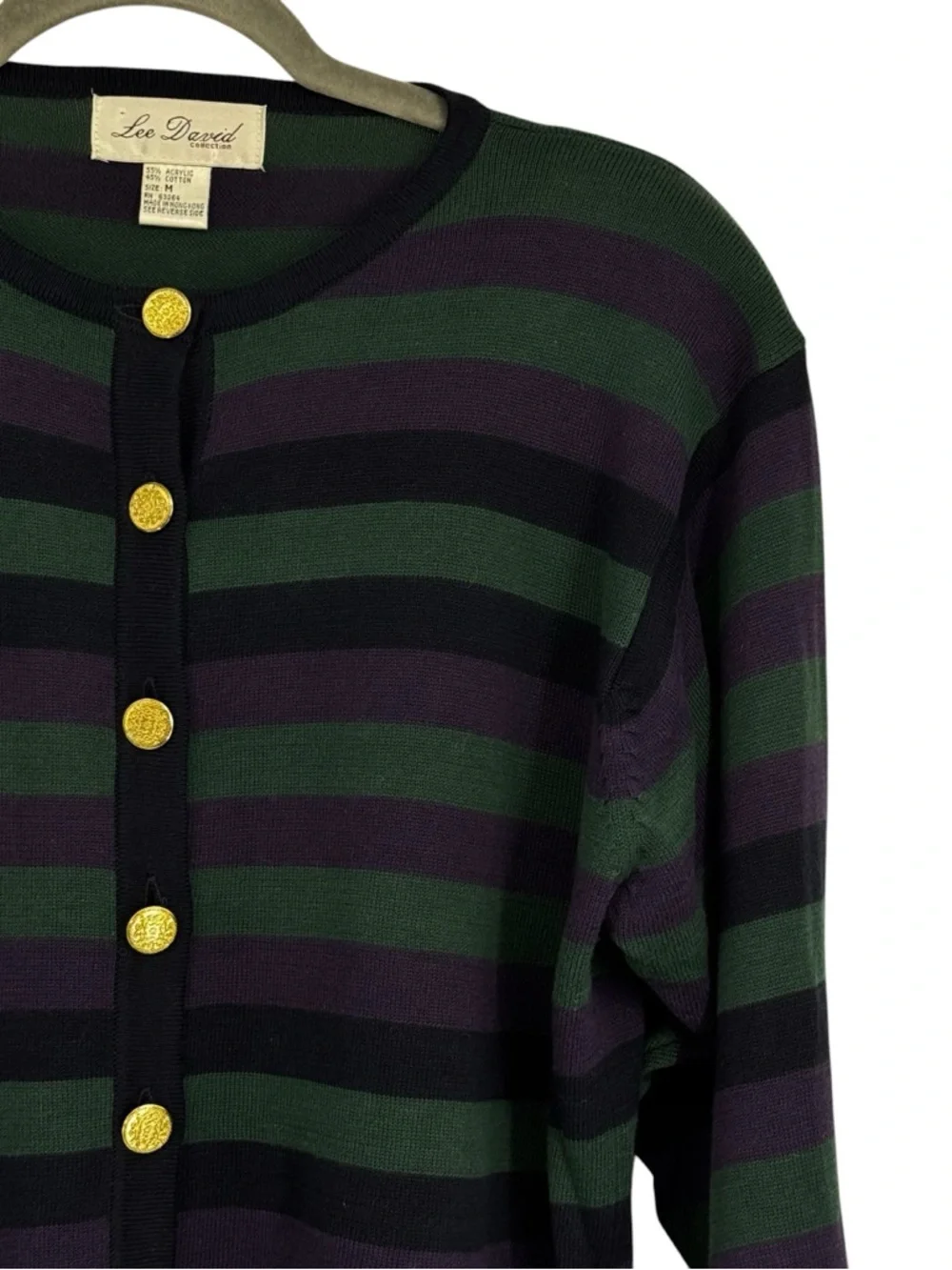 Lee David Collection Medium Green/Purple/Black Acrylic/Cotton Striped Cardigan